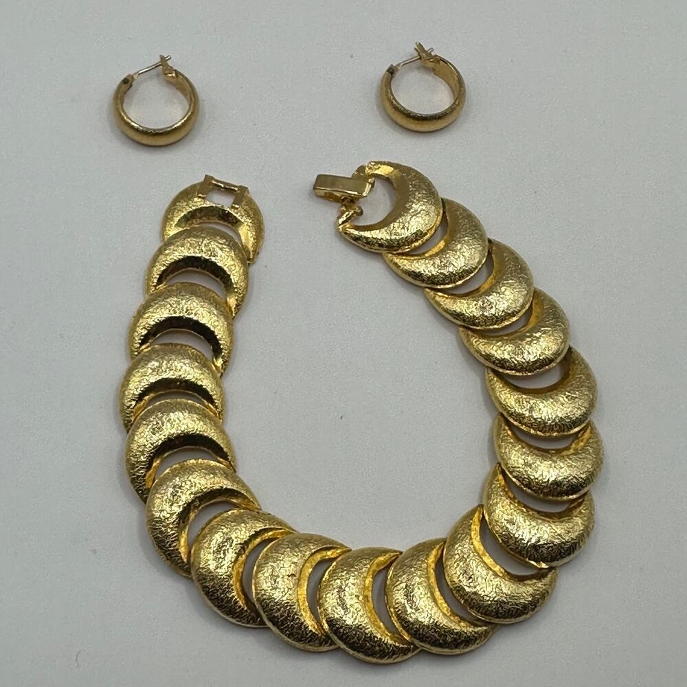 Vintage Bracelet Earring Set Gold tone Brushed Satin Finish Link